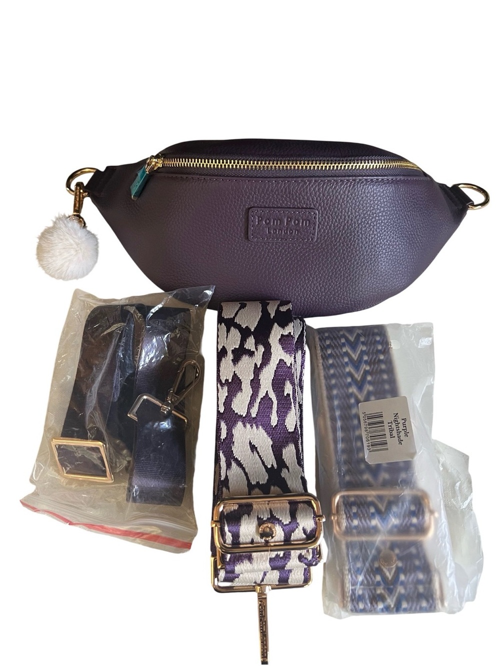 NWT Pom Pom London Purple Nightshade Bum Bag with three interchangeable straps.